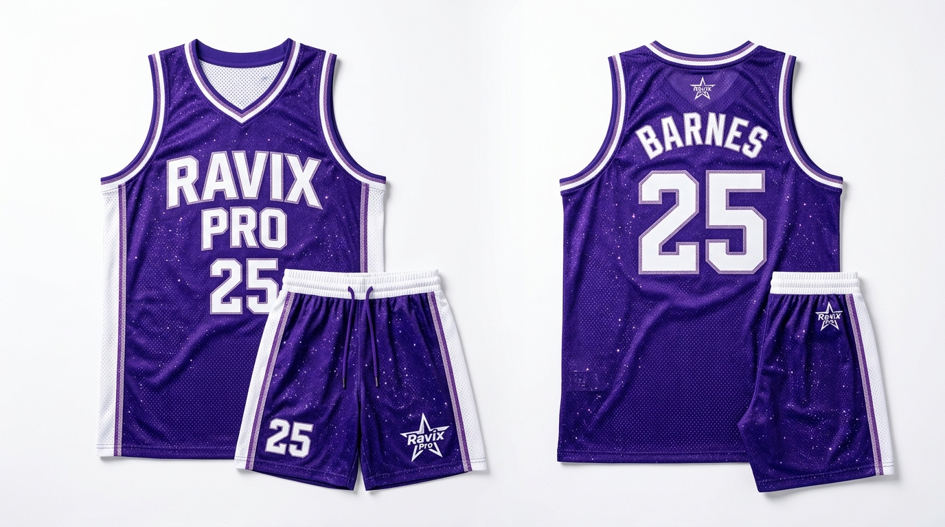 Custom Purple and White Basketball Uniform with Star Logo Custom Purple and White Basketball Uniform with Star Logo – custom manufactured by Ravix Pro Industry, Sialkot, Pakistan