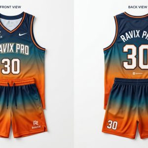 Custom Navy and Orange Gradient Fade Basketball Uniform – custom manufactured by Ravix Pro Industry, Sialkot, Pakistan
