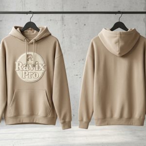 Custom Sand Hoodie with Circle Badge – custom manufactured by Ravix Pro Industry, Sialkot, Pakistan