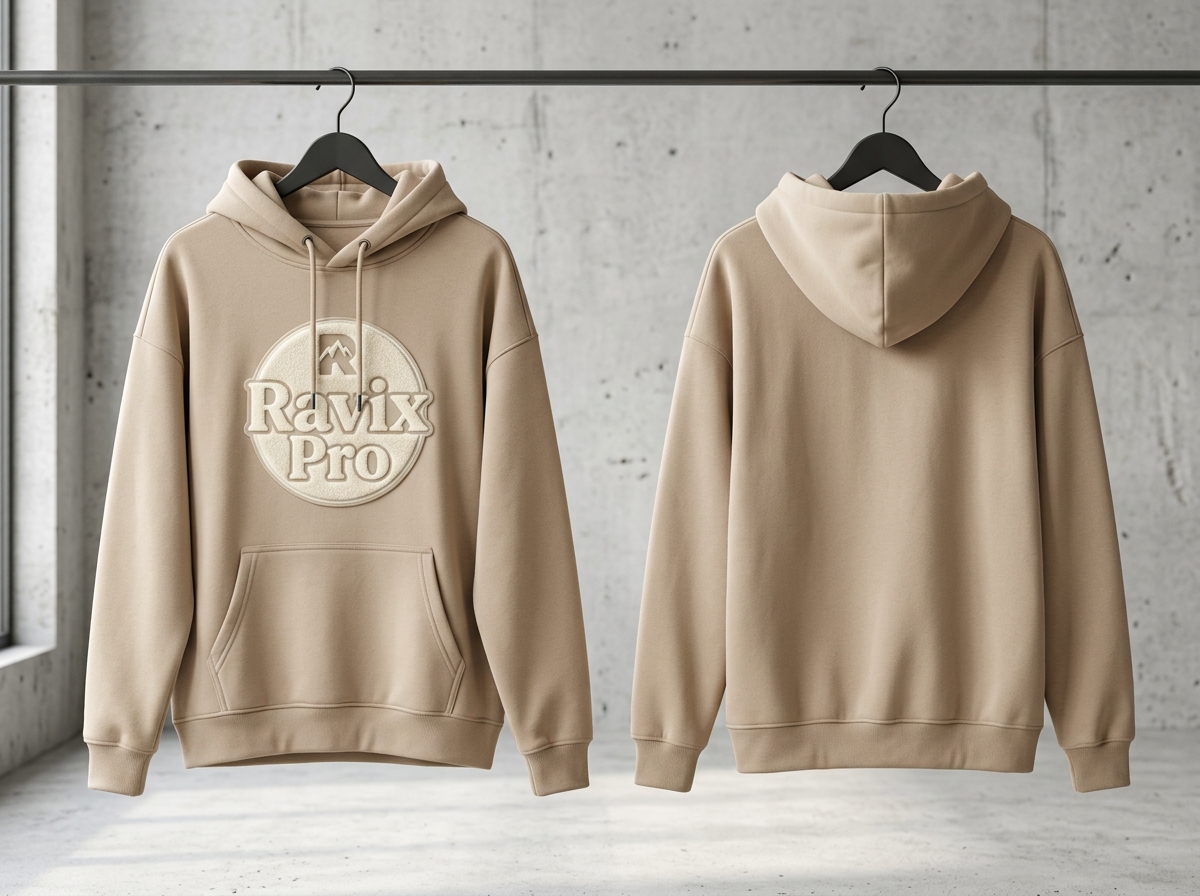 Custom Sand Hoodie with Circle Badge Custom Sand Hoodie with Circle Badge – custom manufactured by Ravix Pro Industry, Sialkot, Pakistan