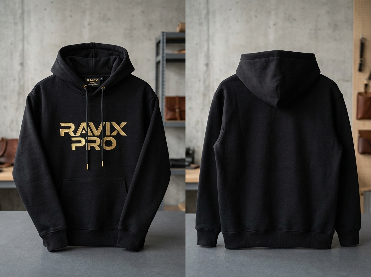 Custom Black Hoodie with Gold Logo Custom Black Hoodie with Gold Logo – custom manufactured by Ravix Pro Industry, Sialkot, Pakistan