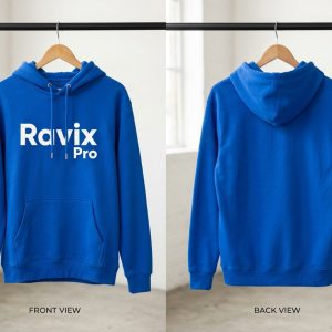 Custom Royal Blue Hoodie with White Logo – custom manufactured by Ravix Pro Industry, Sialkot, Pakistan