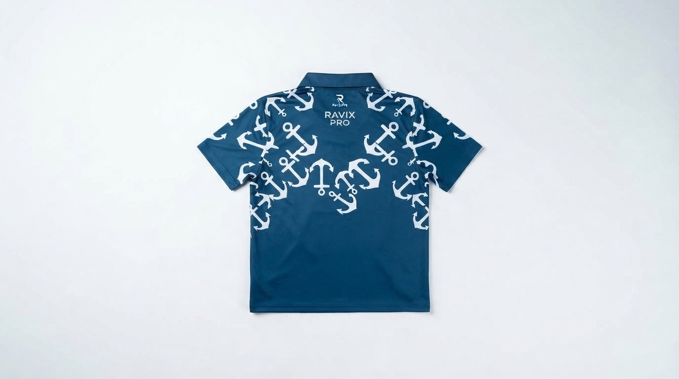 Custom Navy Abstract Padel Polo – view 2 Custom Navy Abstract Padel Polo – alternate view, made by Ravix Pro Industry, Sialkot