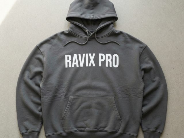 Custom Grey Fleece Hoodie with White Logo – alternate view, made by Ravix Pro Industry, Sialkot