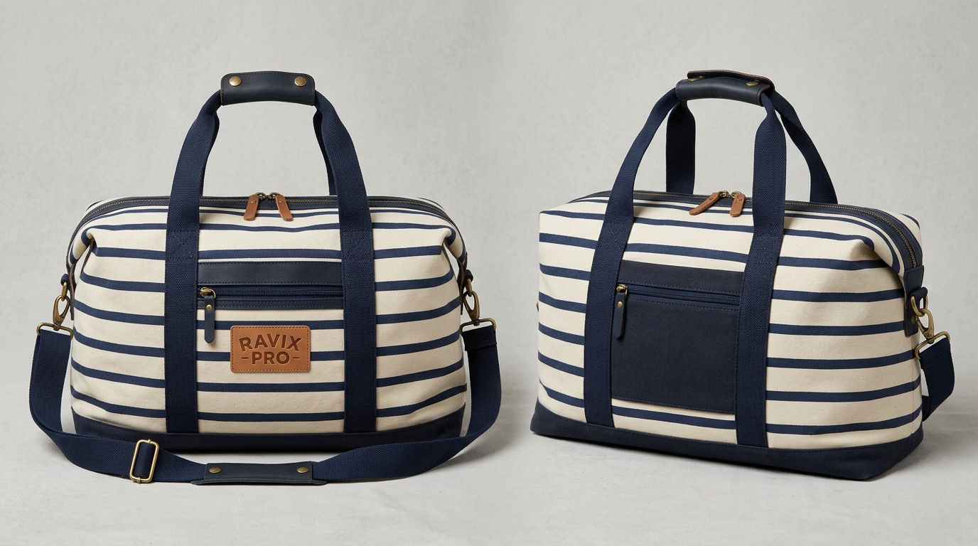 Custom Navy and White Canvas Weekend Bag Custom Navy and White Canvas Weekend Bag – custom manufactured by Ravix Pro Industry, Sialkot, Pakistan