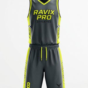 Custom Grey and Neon Yellow Basketball Uniform – custom manufactured by Ravix Pro Industry, Sialkot, Pakistan