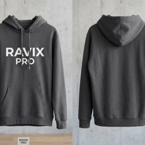 Custom Charcoal Hoodie with White Logo – custom manufactured by Ravix Pro Industry, Sialkot, Pakistan