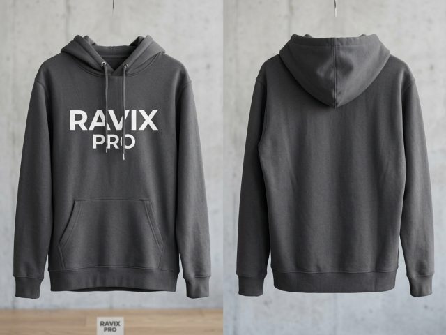 Custom Charcoal Hoodie with White Logo – custom manufactured by Ravix Pro Industry, Sialkot, Pakistan