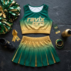 Custom Green and Gold Ombre Cheer Uniform – custom manufactured by Ravix Pro Industry, Sialkot, Pakistan