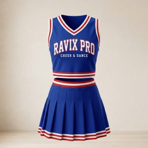 Custom Royal Blue, Red and White Cheer Dress – custom manufactured by Ravix Pro Industry, Sialkot, Pakistan