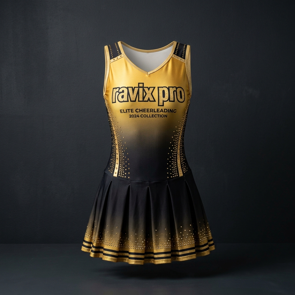 Custom Black and Gold Cheerleading Dress Custom Black and Gold Cheerleading Dress – custom manufactured by Ravix Pro Industry, Sialkot, Pakistan