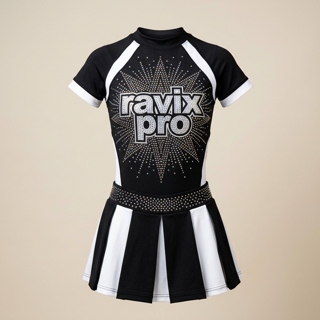 Custom Black Rhinestone Cheerleading Uniform Custom Black Rhinestone Cheerleading Uniform – custom manufactured by Ravix Pro Industry, Sialkot, Pakistan
