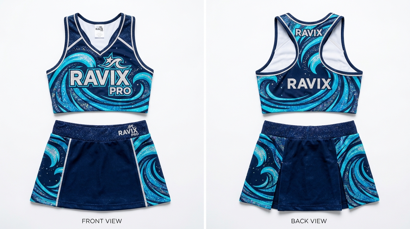 Custom Navy and Turquoise Cheerleading Uniform Custom Navy and Turquoise Cheerleading Uniform – custom manufactured by Ravix Pro Industry, Sialkot, Pakistan