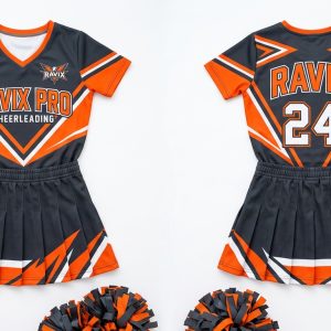 Custom Black and Orange Cheerleading Uniform – custom manufactured by Ravix Pro Industry, Sialkot, Pakistan