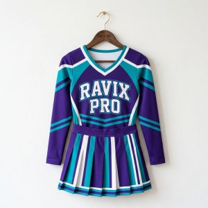 Custom Purple and Teal Long Sleeve Cheer Uniform – custom manufactured by Ravix Pro Industry, Sialkot, Pakistan
