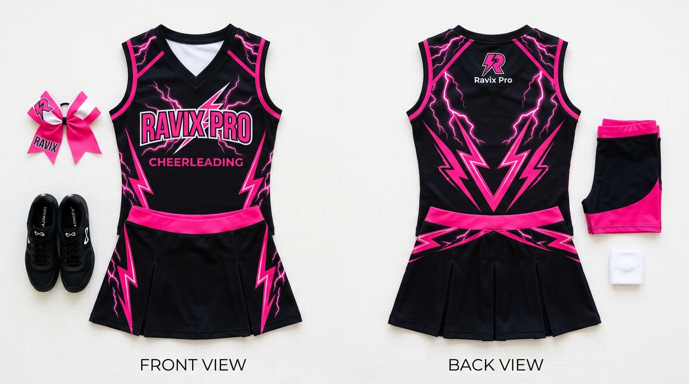 Custom Black and Hot Pink Sleeveless Lightning Cheerleading Uniform Custom Black and Hot Pink Sleeveless Lightning Cheerleading Uniform – custom manufactured by Ravix Pro Industry, Sialkot, Pakistan