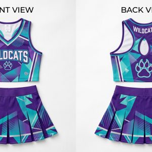 Custom Purple and Turquoise Cheerleading Uniform – custom manufactured by Ravix Pro Industry, Sialkot, Pakistan