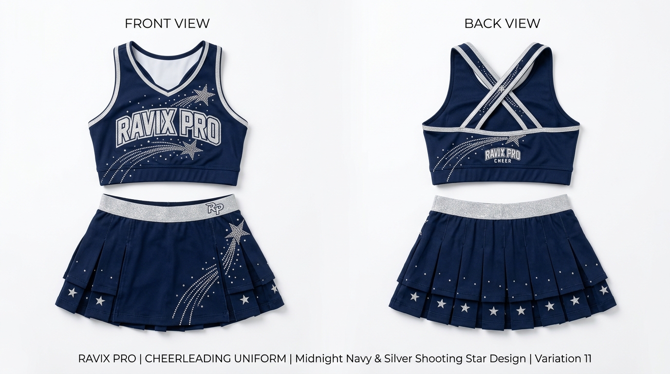 Custom Navy and White Cheerleading Uniform with Star Skirt and Cross Back Custom Navy and White Cheerleading Uniform with Star Skirt and Cross Back – custom manufactured by Ravix Pro Industry, Sialkot, Pakistan