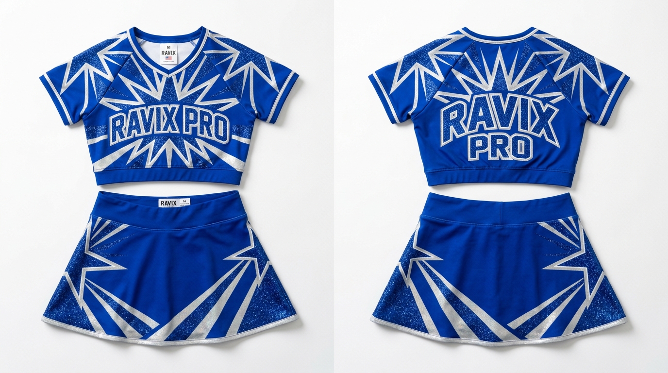Custom Royal Blue and White Starburst Crop Top Cheerleading Uniform Custom Royal Blue and White Starburst Crop Top Cheerleading Uniform – custom manufactured by Ravix Pro Industry, Sialkot, Pakistan