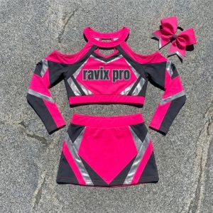 Custom Hot Pink and Black Cheer Crop Top Set – custom manufactured by Ravix Pro Industry, Sialkot, Pakistan
