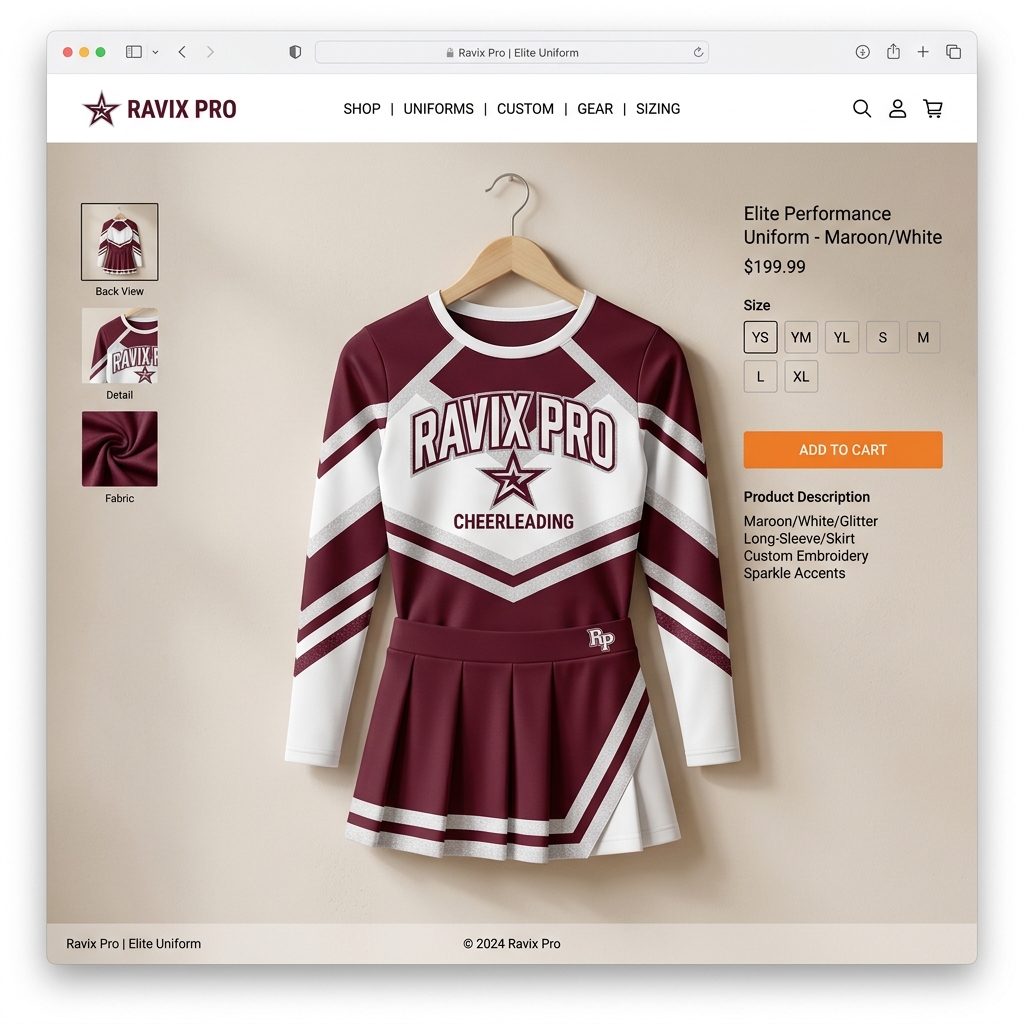 Custom Maroon and White Long Sleeve Cheer Dress Custom Maroon and White Long Sleeve Cheer Dress – custom manufactured by Ravix Pro Industry, Sialkot, Pakistan