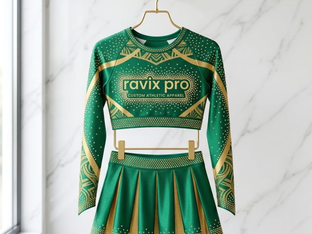 Custom Emerald and Gold Cheerleading Uniform – custom manufactured by Ravix Pro Industry, Sialkot, Pakistan