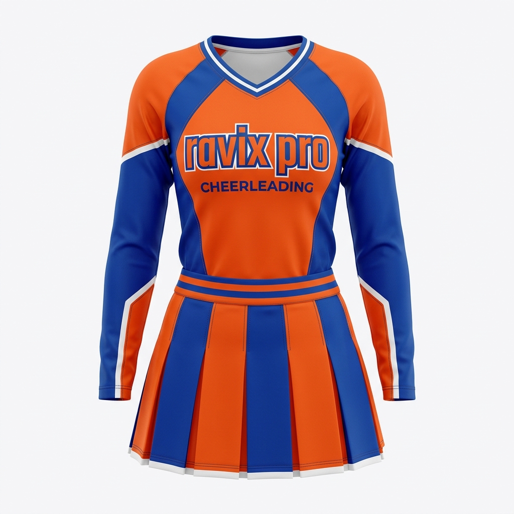 Custom Royal Blue and Orange Long Sleeve Cheer Dress Custom Royal Blue and Orange Long Sleeve Cheer Dress – custom manufactured by Ravix Pro Industry, Sialkot, Pakistan