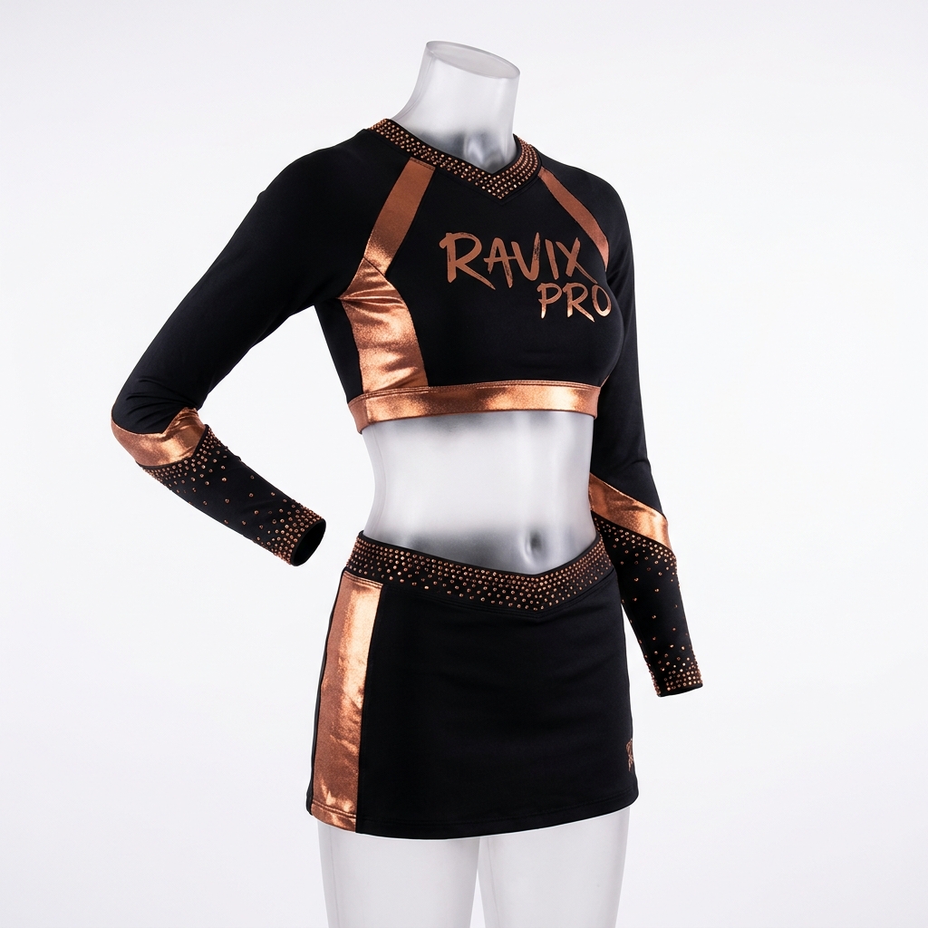 Custom Black and Copper Cheer Crop Top Set Custom Black and Copper Cheer Crop Top Set – custom manufactured by Ravix Pro Industry, Sialkot, Pakistan