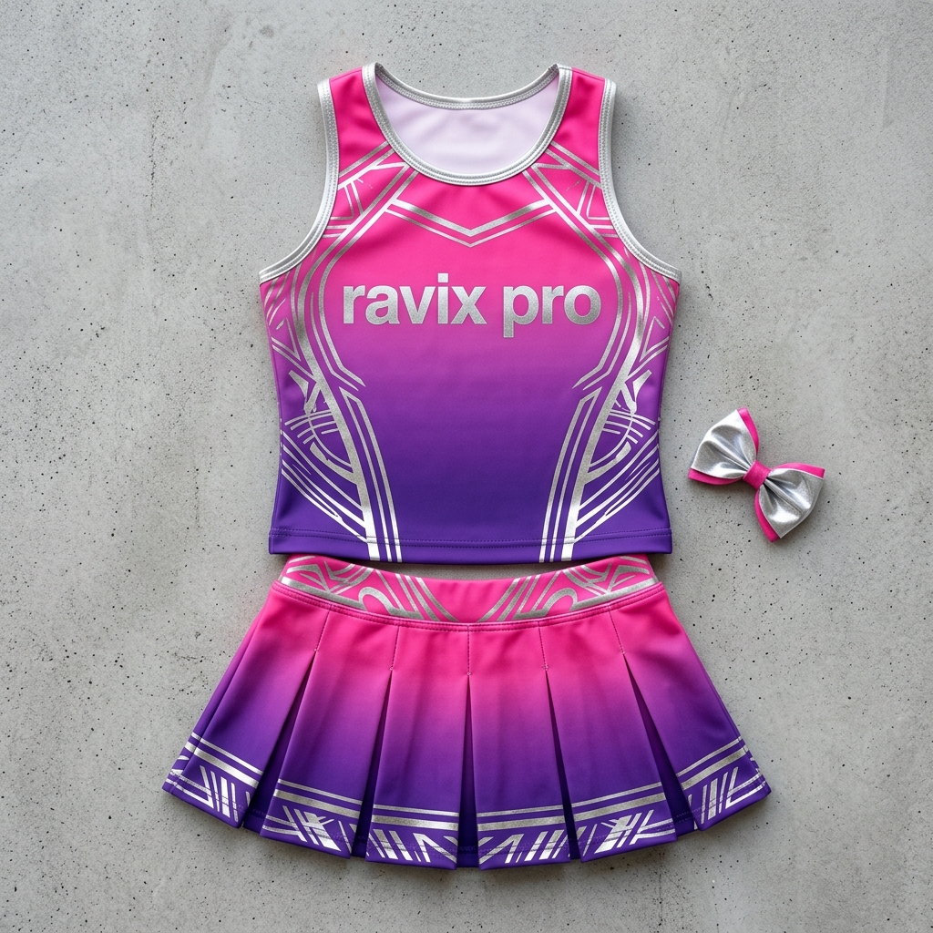 Custom Purple to Pink Ombre Cheerleading Uniform Custom Purple to Pink Ombre Cheerleading Uniform – custom manufactured by Ravix Pro Industry, Sialkot, Pakistan