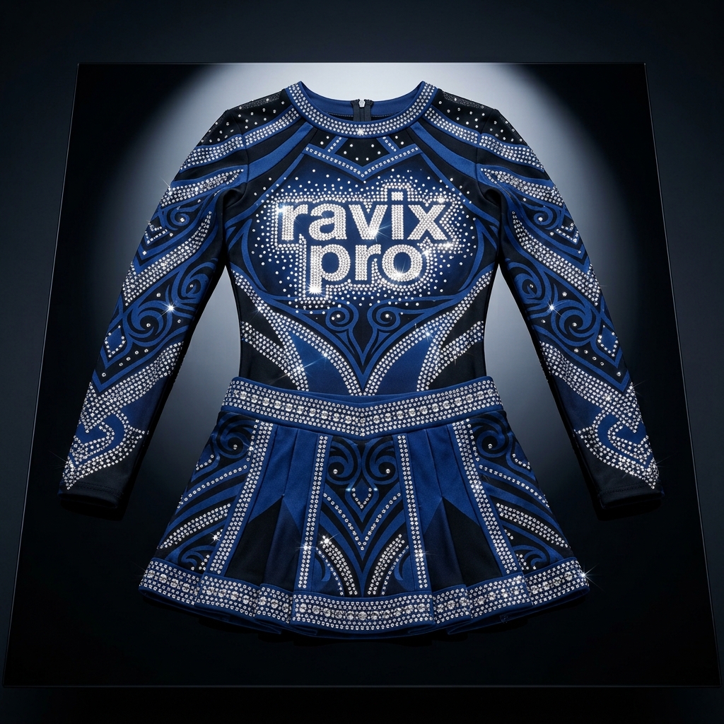 Custom Navy Rhinestone Cheerleading Uniform Custom Navy Rhinestone Cheerleading Uniform – custom manufactured by Ravix Pro Industry, Sialkot, Pakistan