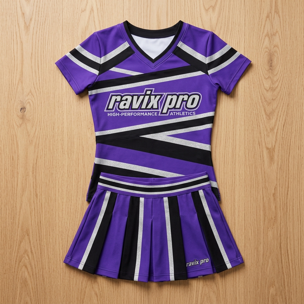Custom Purple and Silver Cheerleading Uniform Custom Purple and Silver Cheerleading Uniform – custom manufactured by Ravix Pro Industry, Sialkot, Pakistan