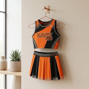 Custom Orange and Black Halter Cheer Uniform – custom manufactured by Ravix Pro Industry, Sialkot, Pakistan