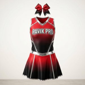 Custom Red and Black Fade Cheerleading Dress – custom manufactured by Ravix Pro Industry, Sialkot, Pakistan