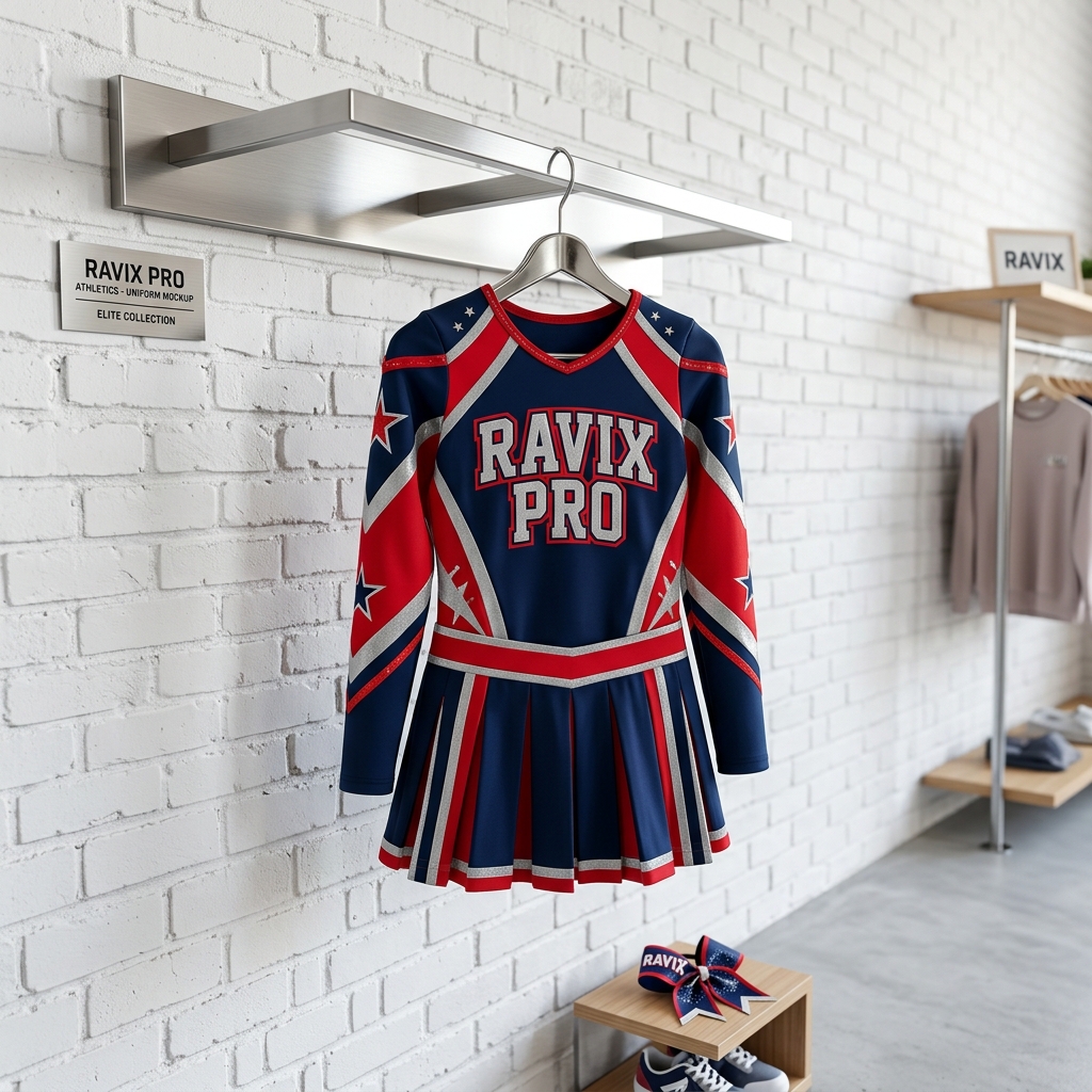 Custom Navy and Red Long Sleeve Cheer Dress Custom Navy and Red Long Sleeve Cheer Dress – custom manufactured by Ravix Pro Industry, Sialkot, Pakistan