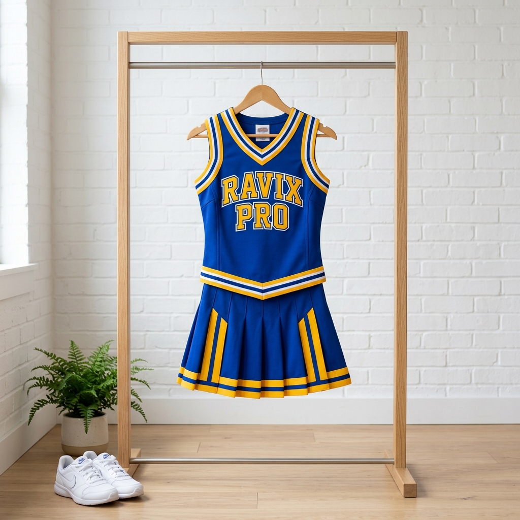 Custom Royal Blue and Gold Sleeveless Cheer Dress Custom Royal Blue and Gold Sleeveless Cheer Dress – custom manufactured by Ravix Pro Industry, Sialkot, Pakistan