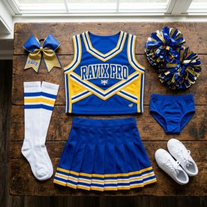Custom Royal Blue and Gold Cheer Uniform Set – custom manufactured by Ravix Pro Industry, Sialkot, Pakistan
