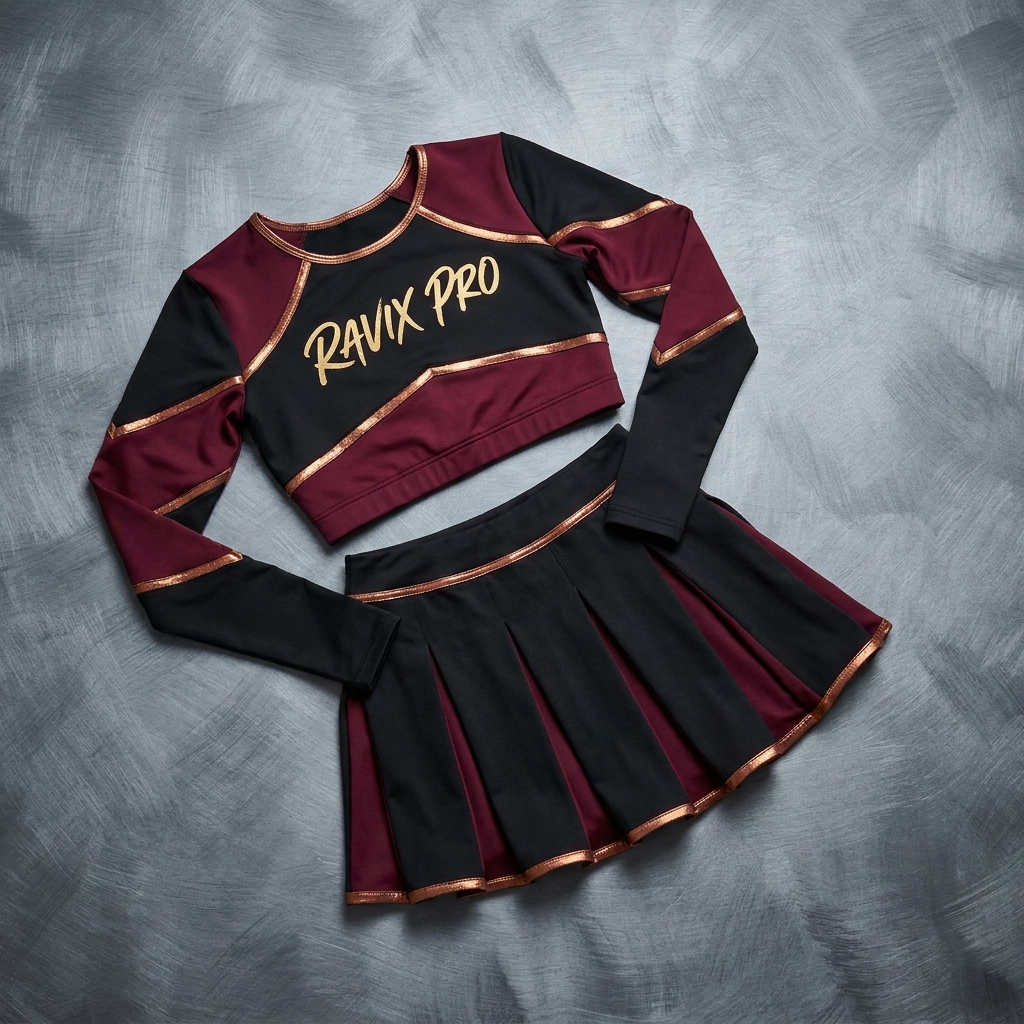 Custom Maroon and Black Long Sleeve Cheer Crop Set Custom Maroon and Black Long Sleeve Cheer Crop Set – custom manufactured by Ravix Pro Industry, Sialkot, Pakistan