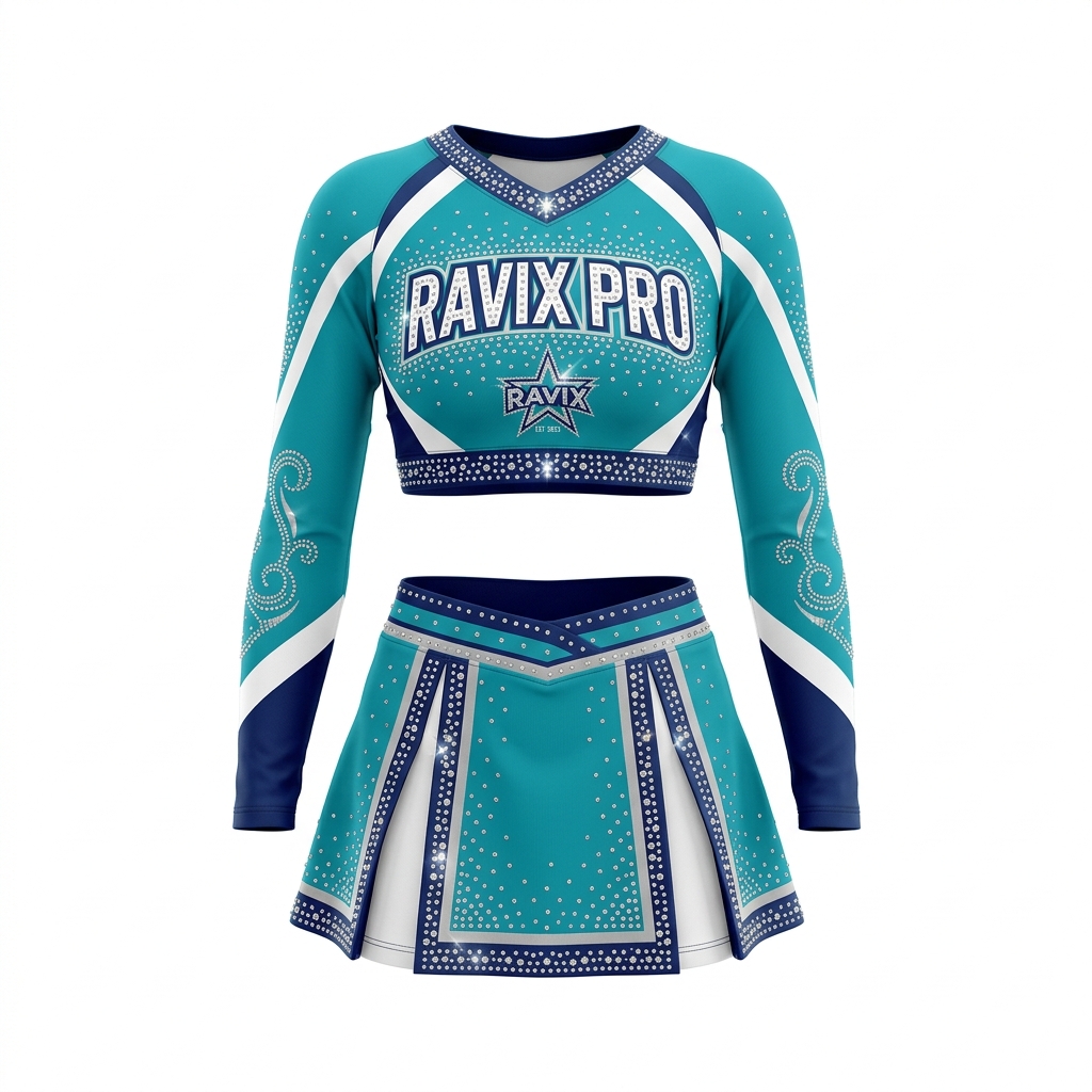 Custom Teal and White Cheerleading Uniform Custom Teal and White Cheerleading Uniform – custom manufactured by Ravix Pro Industry, Sialkot, Pakistan