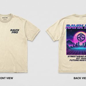 Custom Cream Graphic T-Shirt with Synthwave Back Print – custom manufactured by Ravix Pro Industry, Sialkot, Pakistan