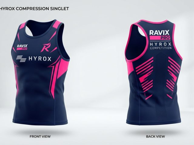 Custom Navy and Pink Compression Singlet – custom manufactured by Ravix Pro Industry, Sialkot, Pakistan