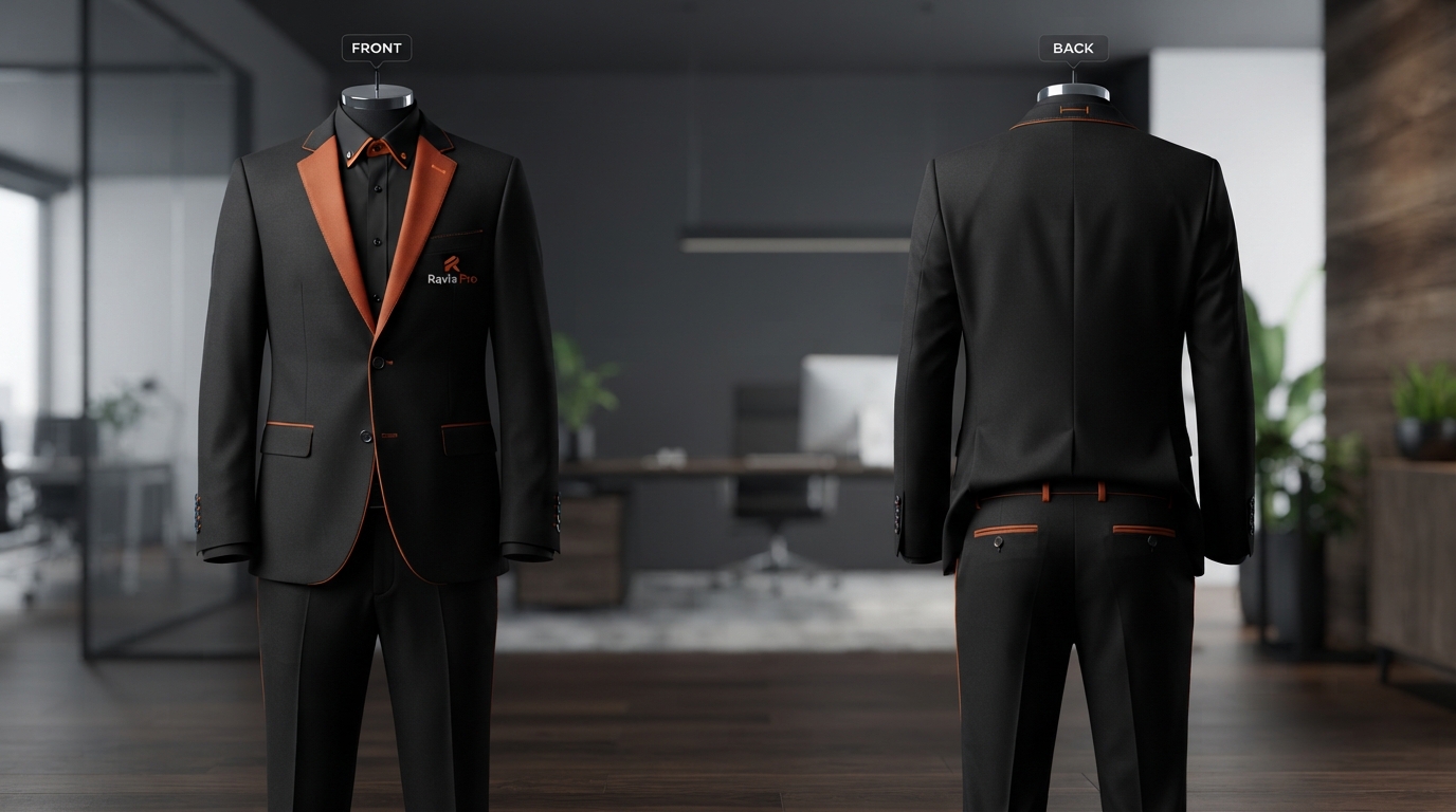 Custom Black and Orange Corporate Uniform Custom Black and Orange Corporate Uniform – custom manufactured by Ravix Pro Industry, Sialkot, Pakistan