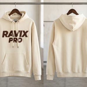 Custom Cream Hoodie with Brown Logo – custom manufactured by Ravix Pro Industry, Sialkot, Pakistan