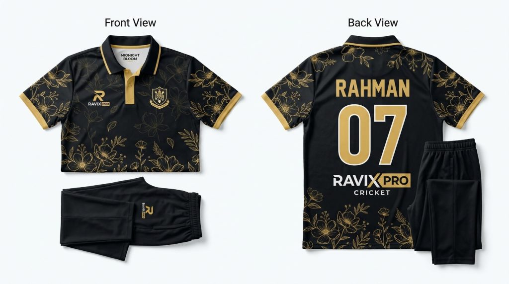 Custom Black and Gold Cricket Uniform with Polo Collar and Trousers – custom manufactured by Ravix Pro Industry, Sialkot, Pakistan