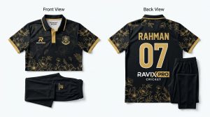 Custom Black and Gold Cricket Uniform with Polo Collar and Trousers – custom manufactured by Ravix Pro Industry, Sialkot, Pakistan