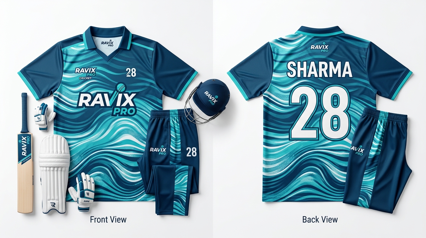Custom Teal and Navy Cricket Uniform Custom Teal and Navy Cricket Uniform – custom manufactured by Ravix Pro Industry, Sialkot, Pakistan