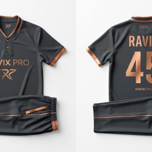 Custom Charcoal and Copper Cricket Uniform with Polo Collar – custom manufactured by Ravix Pro Industry, Sialkot, Pakistan