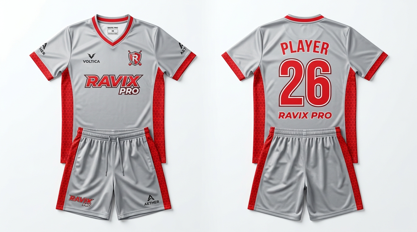 Custom Grey and Red Cricket Uniform Custom Grey and Red Cricket Uniform – custom manufactured by Ravix Pro Industry, Sialkot, Pakistan