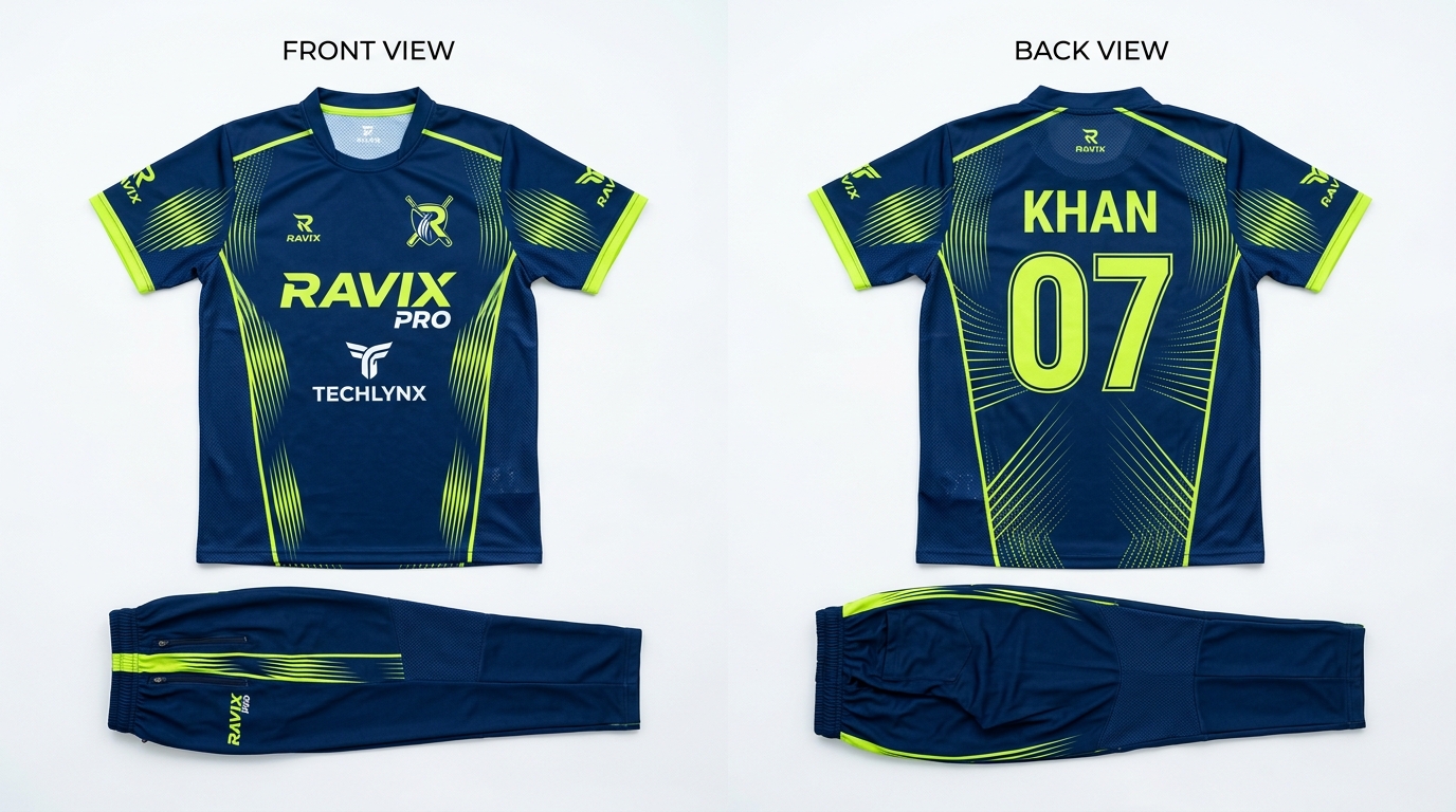Custom Navy and Lime Green Cricket Uniform Custom Navy and Lime Green Cricket Uniform – custom manufactured by Ravix Pro Industry, Sialkot, Pakistan