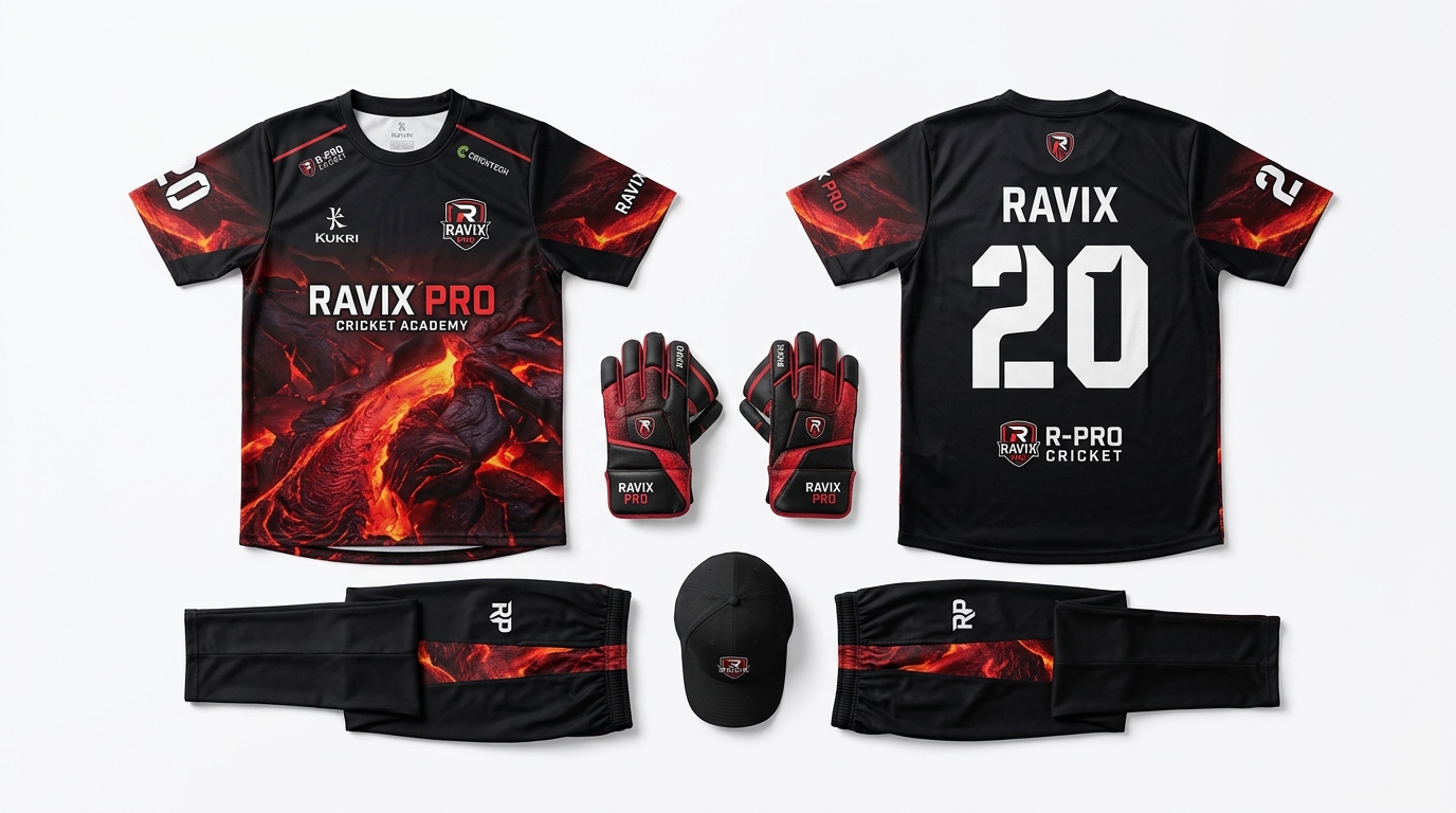 Custom Black and Red Cricket Kit with Gloves and Cap Custom Black and Red Cricket Kit with Gloves and Cap – custom manufactured by Ravix Pro Industry, Sialkot, Pakistan