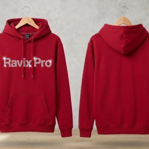 Custom Red Hoodie with Cream Logo – custom manufactured by Ravix Pro Industry, Sialkot, Pakistan